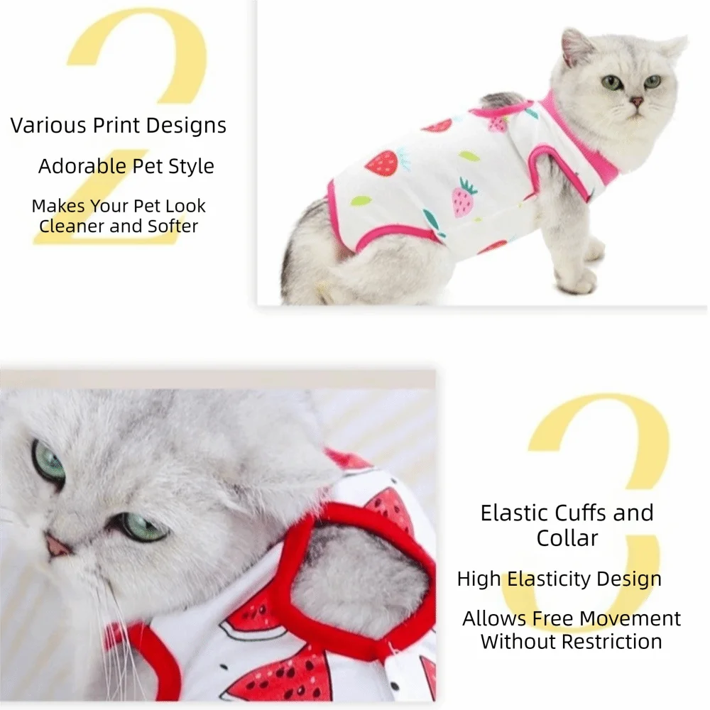 Fruit Printed Cat Recovery Clothing High Elasticity Breathable Pet Anti-Licking Vest Soft Comfortable Pet Weaning Suit Pet Care