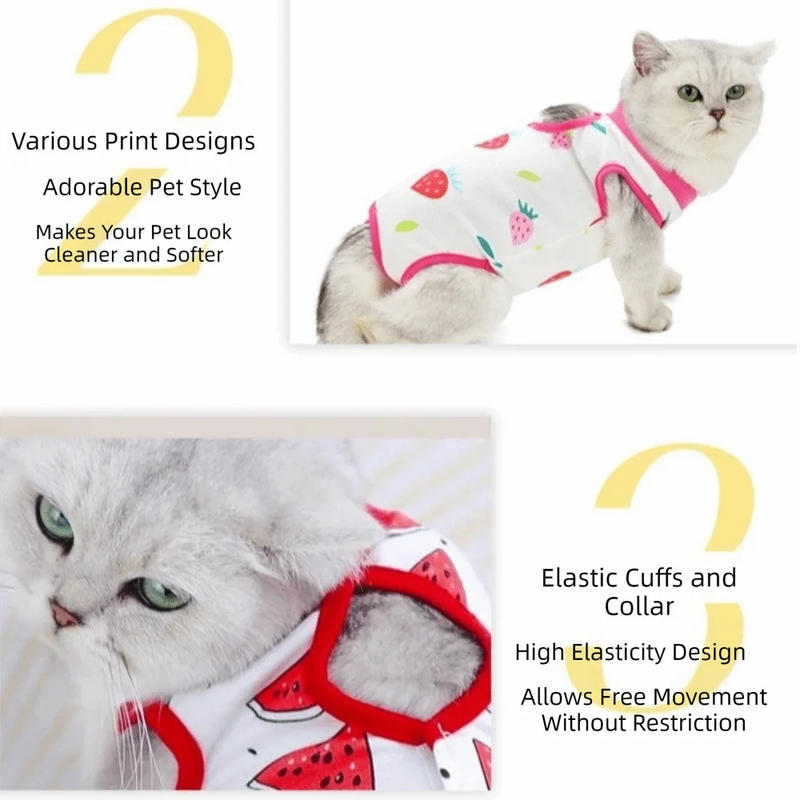 Fruit Printed Cat Recovery Clothing High Elasticity Breathable Pet Anti-Licking Vest Soft Comfortable Pet Weaning Suit Pet Care