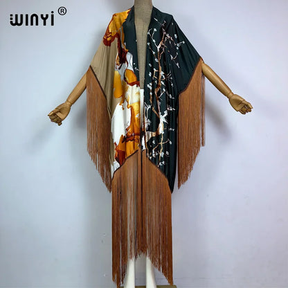 WINYI kimono cover-ups summer boho print Bikini Cover-up Elegant fashion Cardigan sexy Holiday long Sleeve tassels maxi dress
