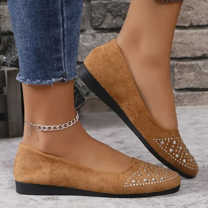 Women Flats Shiny Crystal Shallow Loafers Women Lightweight Non-Slip Ballet Flats Luxury Flock Soft Sole Walking Shoes for Women