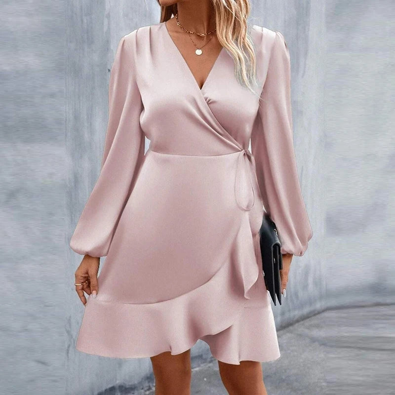 Fashion Women Satin Mini Dress Boho Vintage V Neck Button Shirt Dresses For Women Casual Office Dress 2023