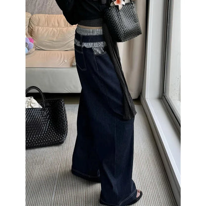 Blue Womens Jeans High Waist Vintage Design Hip Hop Straight Baggy Denim Pants Street Y2K American Style Wide Leg Denim Trouser