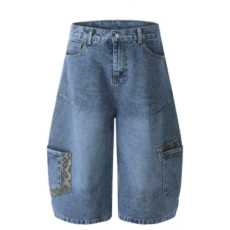 New Y2k European and American Hip-hop Leopard Print Patchwork Jeans for Women Large Pocket Straight Wide Leg Loose Cropped Pants