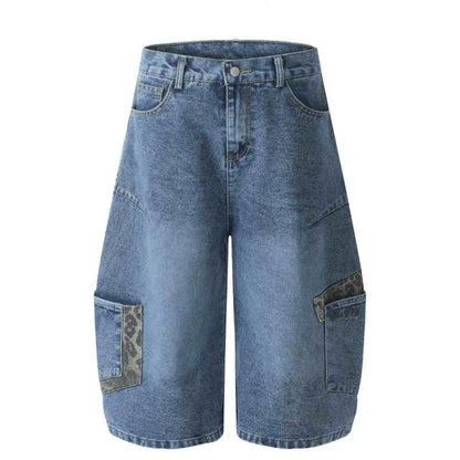 New Y2k European and American Hip-hop Leopard Print Patchwork Jeans for Women Large Pocket Straight Wide Leg Loose Cropped Pants