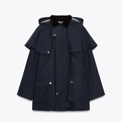Fashion Casual Cloak Short jacket For Women Navy blue Design Sense Style Detachable Hat Coat 2025 New Lady Autumn Streetwear