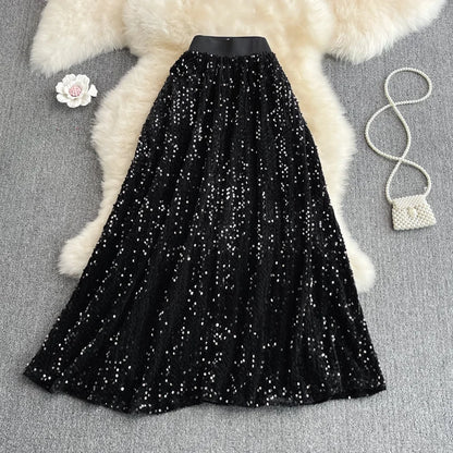 Spring Autumn Korean Sle High Waist Slimming Midi Length Knee-Over A-Line Skirt Faionable Elastic Waist iny Sequins Ful...