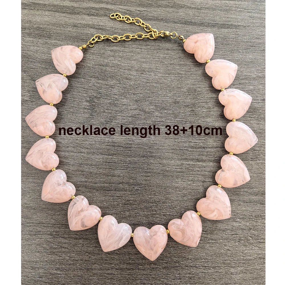 Big Love Heart Necklace Women Choker Statement Bracelet Gold Color Acrylic Beads Stainless Steel PVD Waterproof White Beige Red