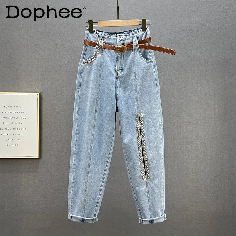 Hot Diamond Harem Jeans Women's 2022 New Summer Sexy Hollow Out High Waist Loose Slimming Denim Trousers Female Blue Baggy Pants