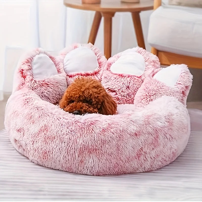 Bear Paw Pet Bed Warm Plush Calming Donut Bed for Medium Dogs Cats,  Anti-Anxiety Puppy Cat Cushion Mat Winter Soft Round Bed