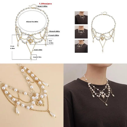 31BB Tassel Necklace Elegant Layered Necklace Pearl Beaded Necklace Clavicle Chain