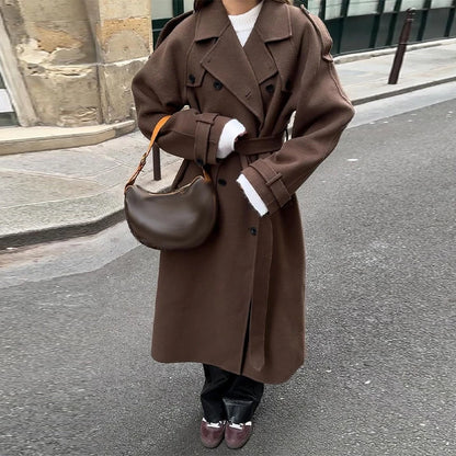 Elegant Solid Women Woolen Long Coats Loose Lapel Double-breasted Full Sleeve Shoulder Pads Overcoat 2026 Spring New Outerwears