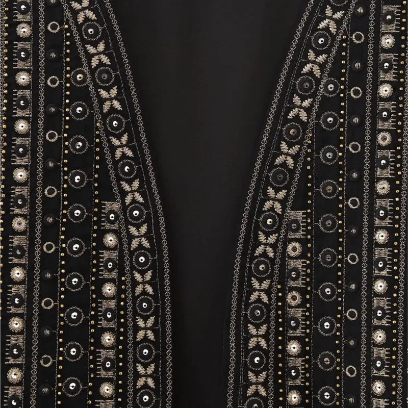 Ethnic Black Embroidery Bling Gold Line Flower WaistCoat Women BOHO Open Sleeveless Vest Jacket Outfits Vacation Loose Tops