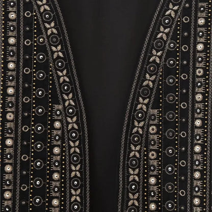 Ethnic Black Embroidery Bling Gold Line Flower WaistCoat Women BOHO Open Sleeveless Vest Jacket Outfits Vacation Loose Tops