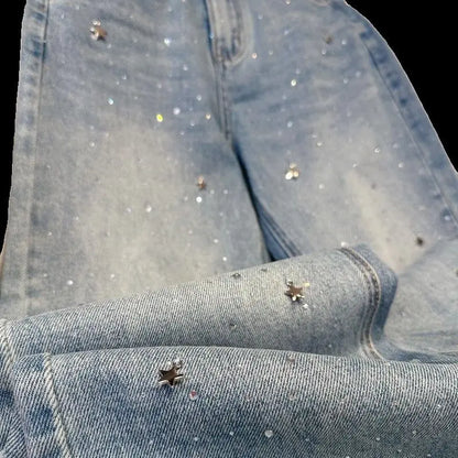 2024 Spring New Narrow Straight Jeans Women's Slimming Fashionable All-Match Rhinestone women jeans  pants