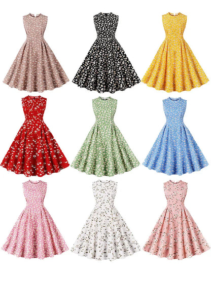 Floral Print Summer Dress Women Elegant Retro Sleeveless Vacation Beach Dress 50S Party Vestidos