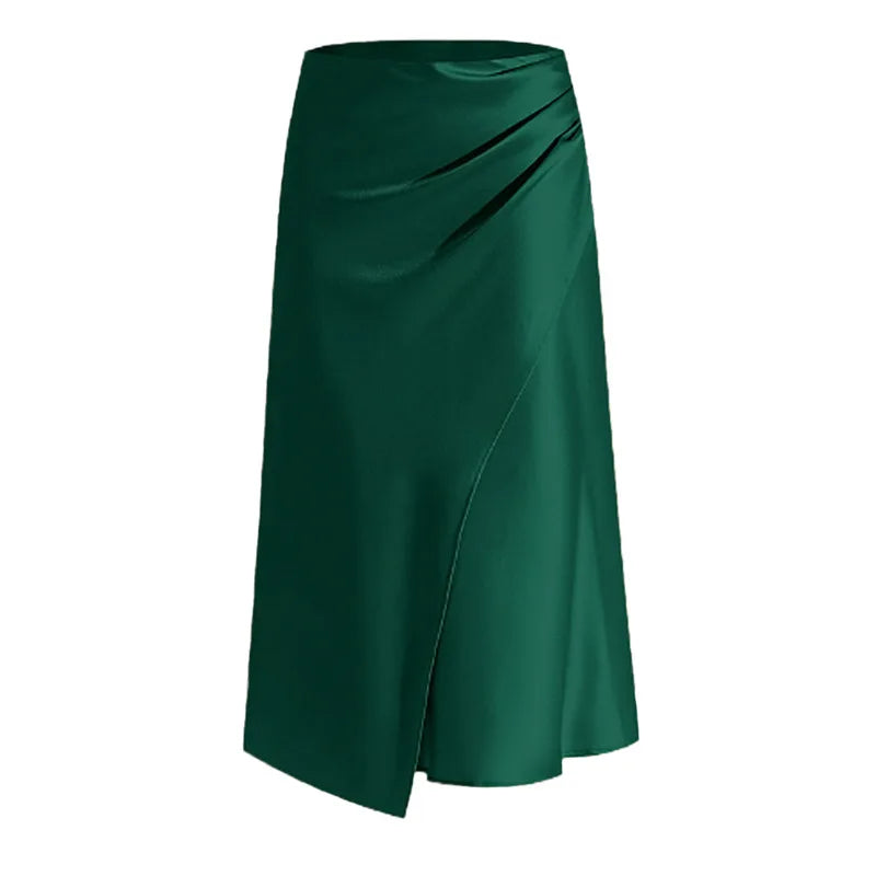 New In 2025 Women's Summer High Waist Satin Pleated Split Green Long Skirt Solid Color Zipper Office Lady Party Elegant Skirts
