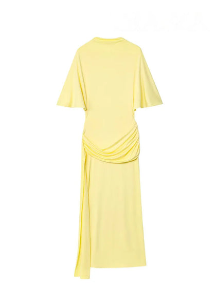 HH Women New Fashion Short Sleeve Sexy Backless Layered Decoration Yellow Slim Long Dress Woman Summer Beach Party Dress