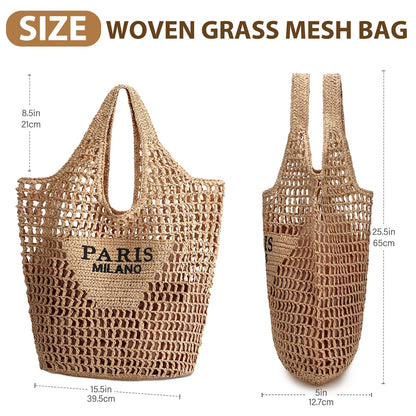 Straw Beach Bags for Women - Women Beach Handmade Woven Tote Bag, Summer Mesh Hollow Shoulder Bag for Holiday