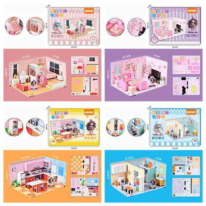 Bedroom DIY Puzzle Dollhouse Room Kitchen Bathroom Pretend Play Paper Doll House Living Room Cardboard 3D Paper Puzzle Room