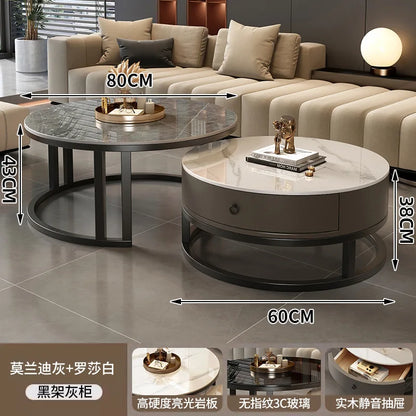 Round edge rock slab coffee table Hakka simple modern small apartment light luxury household small tea table