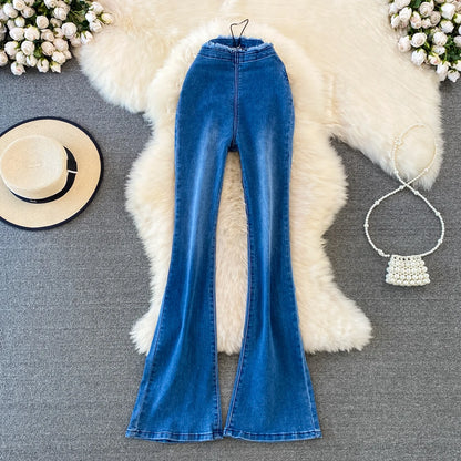Fashion Women's Jeans 2025 Autumn New High Waist Slimming Tight-breasted Raw Edge Stretch Flared Trousers Korean Women Clothing