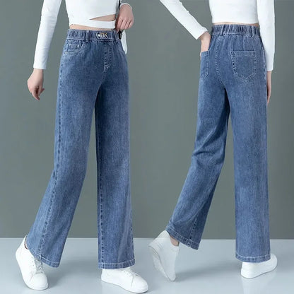 Blue high waisted Elastic jeans Women's clothing 2025 Spring Autumn New Loose Straight leg Pants Casual Denim Wide leg pants