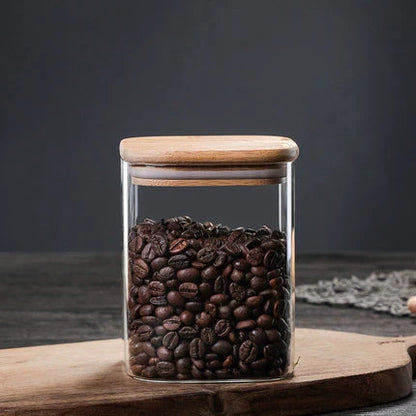 Glass Square Storage Jar with Bamboo Lids Spoon Glass Coffee Canister Food Container for Beans Pasta Candy Spice Rice Loose Tea
