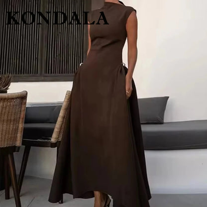 KONDALA Vintage Brown Elegant Woman Dresses Fashion 2025 Pleated Asymmetric Sleeveless Dress Chic Evening Party Female Vestidos