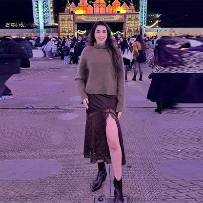2026 Vintage Brown Lace Irregular Skirt Women Vintage Satin High Waist Slim Fit See Through Skirts New Spring Lady Party Outfits
