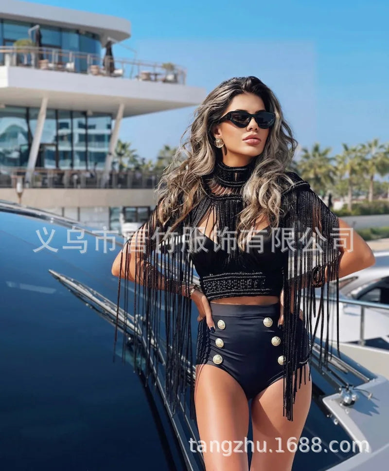 Hand Crochet Knitted Women Bikini Cover Ups 2023 Summer Holiday Tassel Beach Bathing Suit Sexy Hollow Out Skirts Matching Set