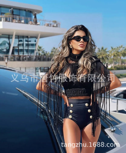Hand Crochet Knitted Women Bikini Cover Ups 2023 Summer Holiday Tassel Beach Bathing Suit Sexy Hollow Out Skirts Matching Set