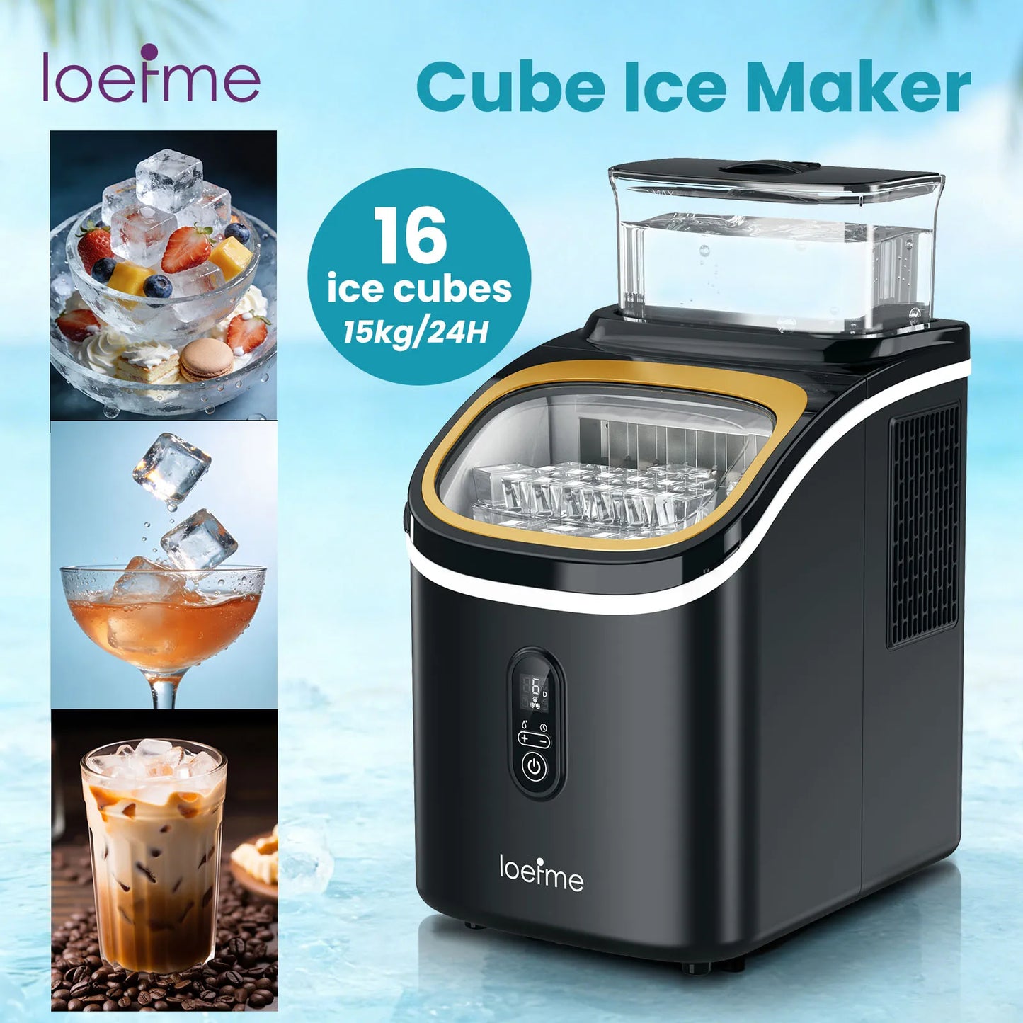 LOEFME Portable Ice Maker Machine 15kg/24h 6-13 Mins Quick Ice 16pcs Ice Cubes Countertop Ice Machine for Home Kitchen Party RV