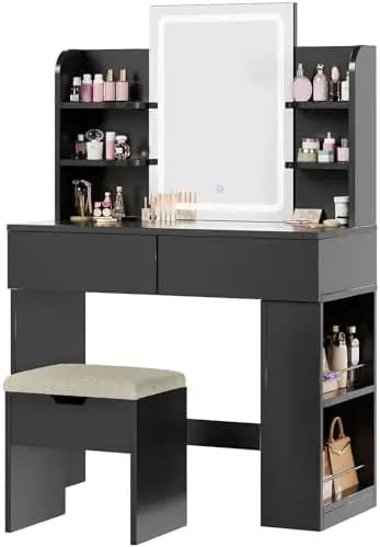 Makeup Dressing Table with Mirror and Led Dimmable Light, Makeup Vanity with 2 Drawers and 4 Shelves, Bottom Shelf, Desk Table,