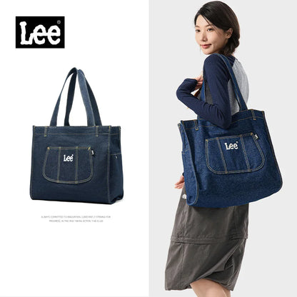 LEE Multiple Pockets Large Capacity Denim Tote Bag Women Trend Commuting Work Shopping Ladies Jeans Handbag Utility Traveling