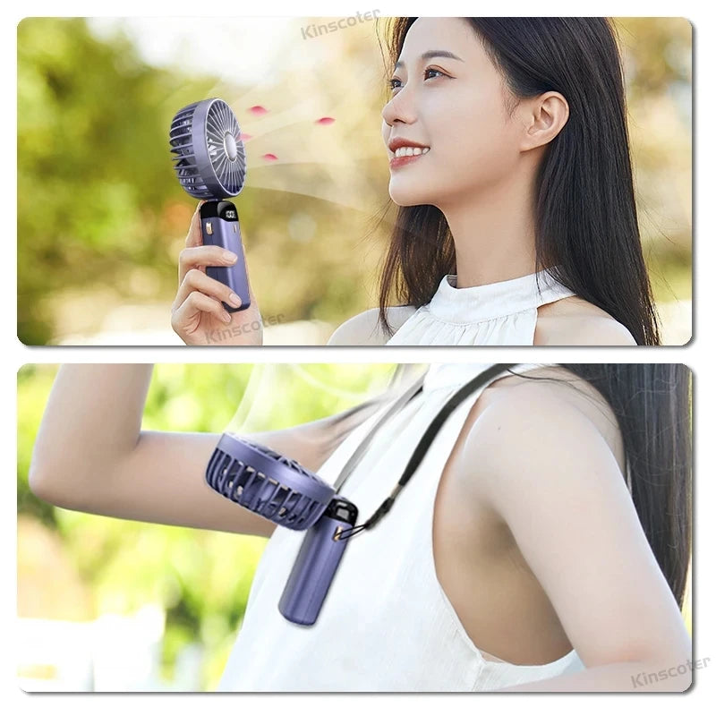 Portable mini fan that can be folded and hung around the neck, 5-speed USB charging fan, supporting phone and display screen,
