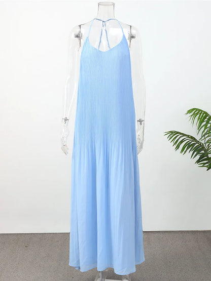 Blue Pleated Backless Maxi Dresses Women V Neck Off Shoulder A Line Loose Holiday Long Dress Elegant Casual Summer Vacation Robe