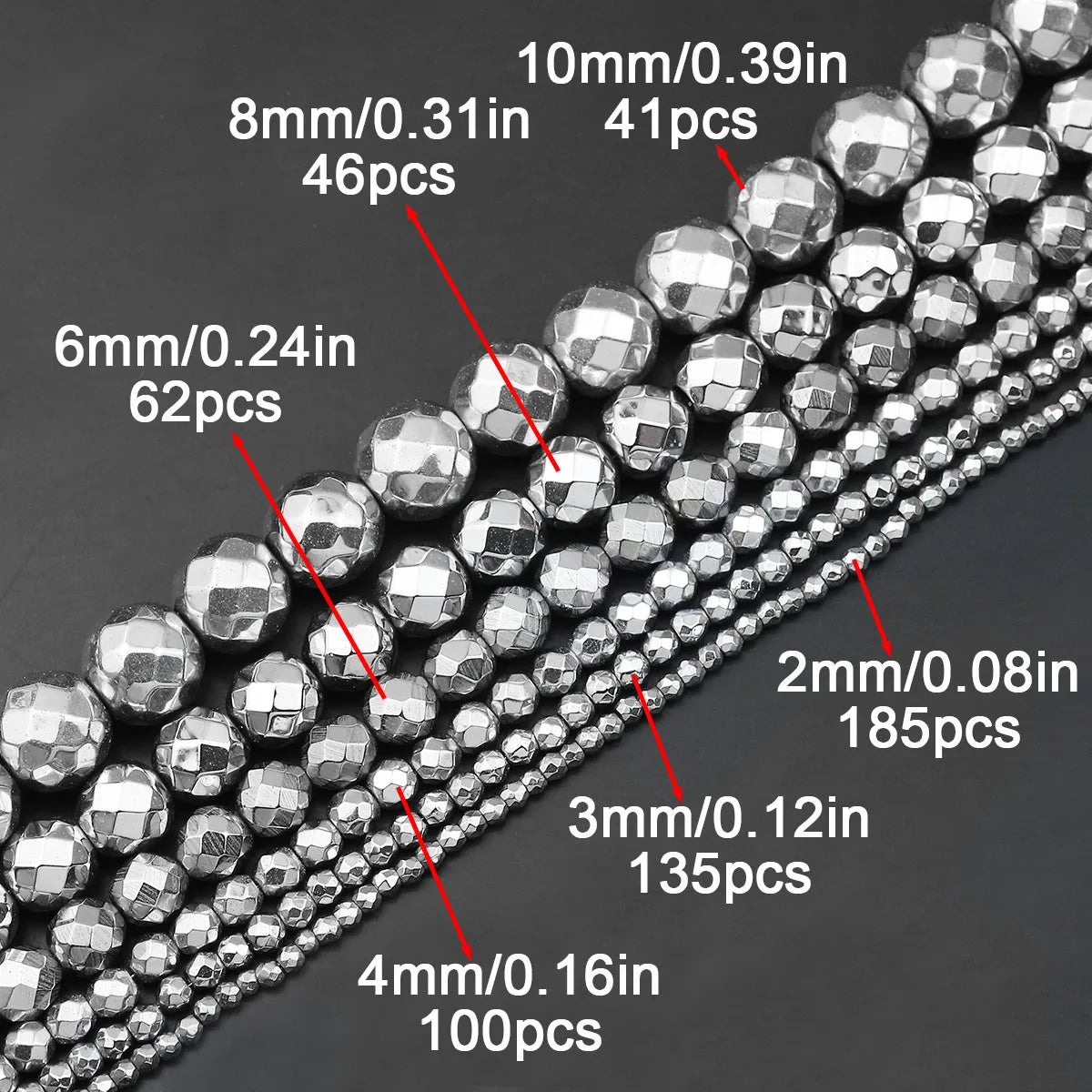 BTFBES 2-10mm Silver Color Round Beads Natural Stone Hematite Gem Non-magnetic Loose Ball For Jewelry Bracelet Necklace DIY 15''