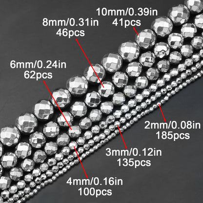 BTFBES 2-10mm Silver Color Round Beads Natural Stone Hematite Gem Non-magnetic Loose Ball For Jewelry Bracelet Necklace DIY 15''