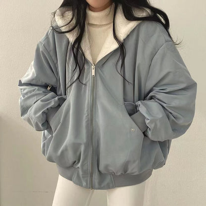 Faux Fur Coats Women American Vintage Jackets  Long Sleeve Hooded Office Lady Trench Winter Clothes Y2k Grey Jackets Streetwear