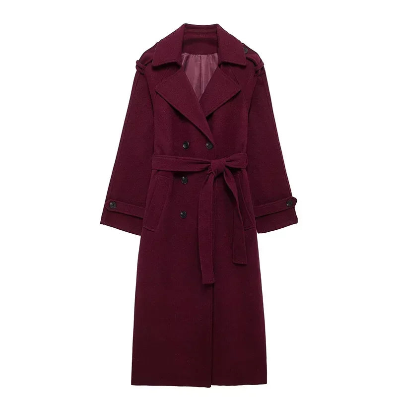 Elegant Burgundy Woolen Coat With Belt Women Lapel Full Sleeve Double Breasted Lady Overcoat 2024 Autumn Winter Female Outwear