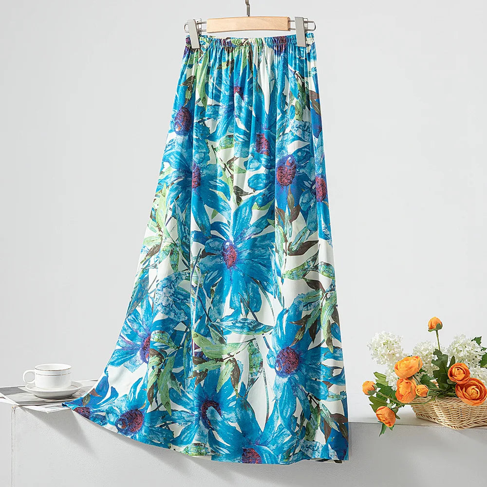 New 2024 Elegant Women Tulle Skirt Korean Fashion Boho Floral A Line Ladies Pleated Skirt Summer Chic High Waist Party Vestidos