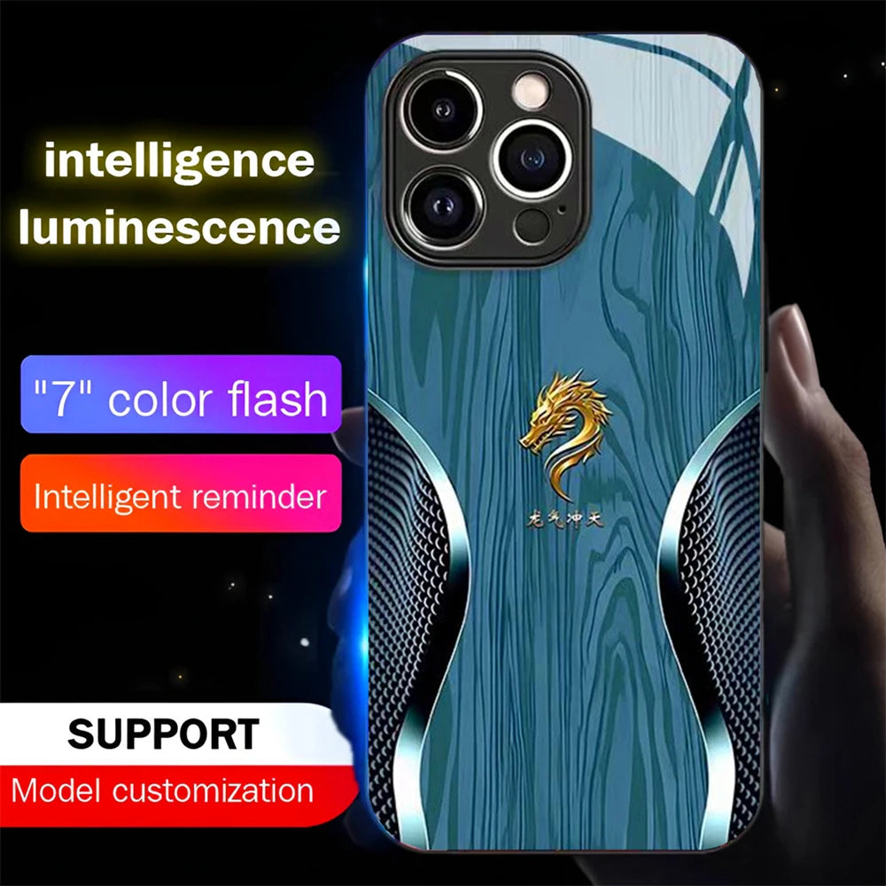 Wood Grain Dragon Emblem Sound Control LED Flash Cases Luminous Glass Cover For XiaoMi 15 14 13 12 11 Pro Ultra