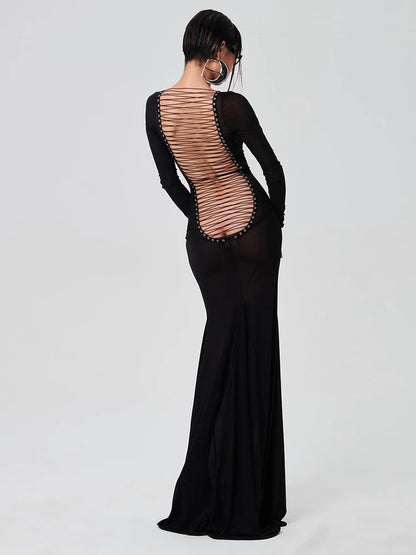 Dulzura 2023 Summer Solid See Through Maxi Backless Back Straps Dress Long Sleeve Edible Tree Fungus Party Birthday Y2K