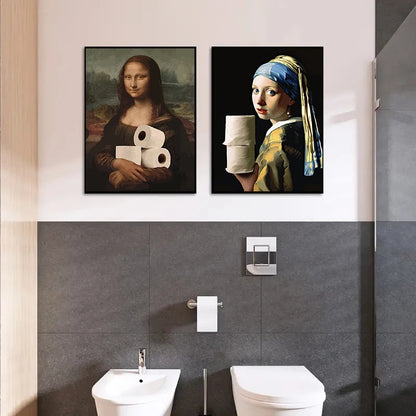 Funny Bathroom Toilet Decoration Painting Mona Lisa Wearing Pearls Girl with Roll Paper Canvas Prints Posters Home Wall Decor