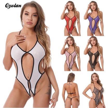 Womens Swimsuit Bikini Set See-through Mesh Bodysuit Underwear Halter Lace-up Crotchless Leotard Woman Sexy Cutout Beachwear