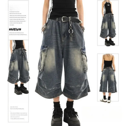 High Waist  Retro Blue Washed Denim Shorts Women's Harajuku Vintage Fashion Casual Loose Y2K Streetwear Wide Leg Cropped Pants