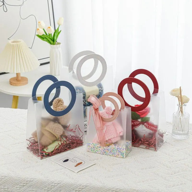 5/10PC Frosted Plastic Round Tote Bag Semi Transparent Gift Bag Gift Packaging and Storage Bag for Weddings Holidays and Parties