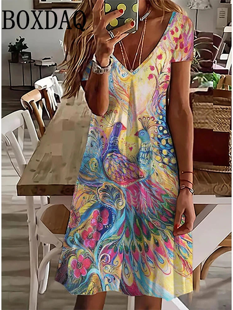 Women's Sundress Midi Dress Short Sleeve Floral Print Summer Casual V Neck Loose Dresses Plus Size 2024 Female Clothing Vestidos