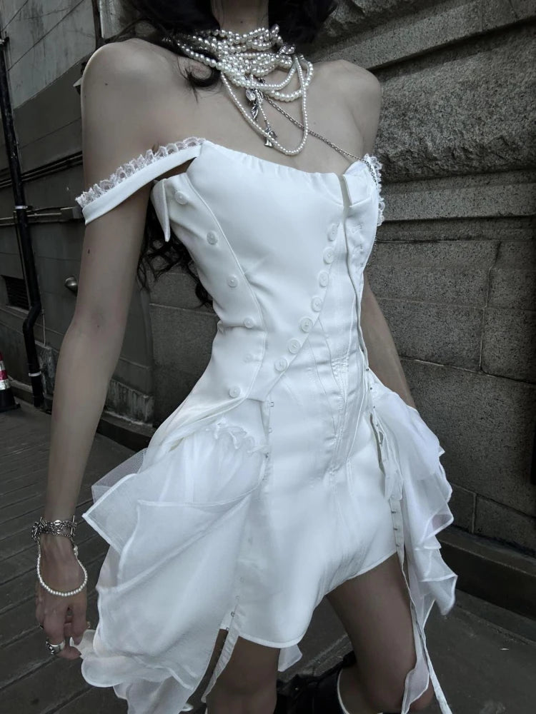 Summer Korean Fashion Y2k Retro Women Dresses Chic White Halter Chiffon Irregular Slimming Design Short Skirt Woman Clothes 2025