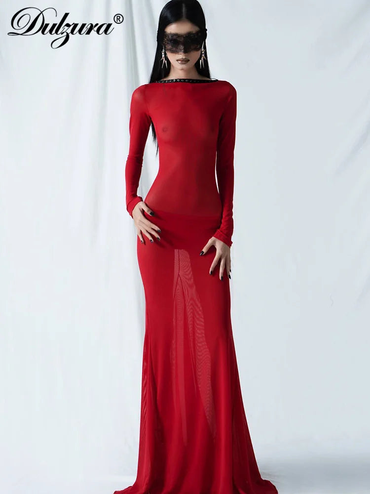 Dulzura 2023 Summer Solid See Through Maxi Backless Back Straps Dress Long Sleeve Edible Tree Fungus Party Birthday Y2K